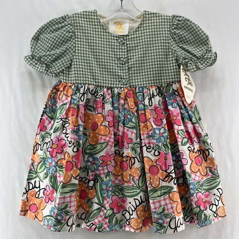 Tiny Tots Original Vintage Dress Girls Size 2T Gingham Floral Puff Sleeves Green